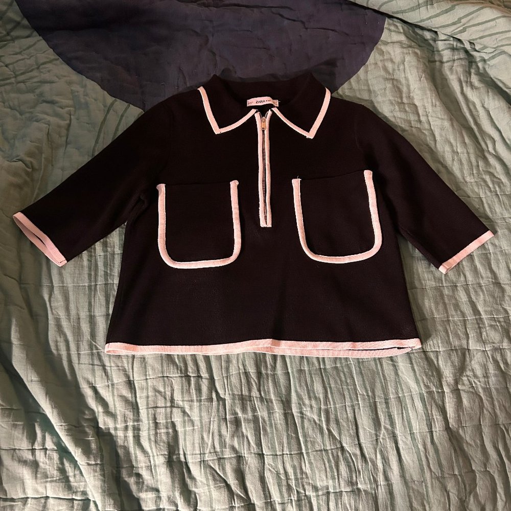 Zara Knit Colorblock Black and White Zip Polo Size Medium